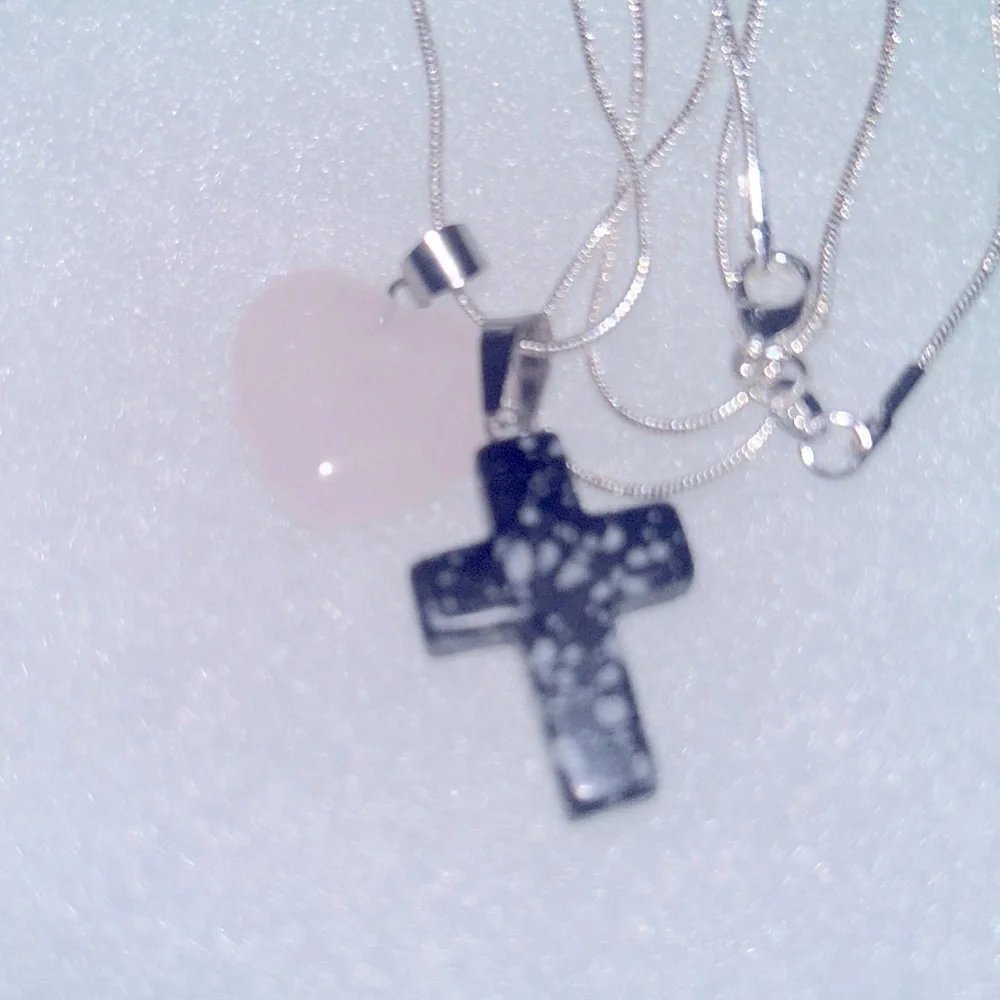 Boho hippie Obsidian Cross & Rose Quartz heart Sterling Silver 24” Neckl…